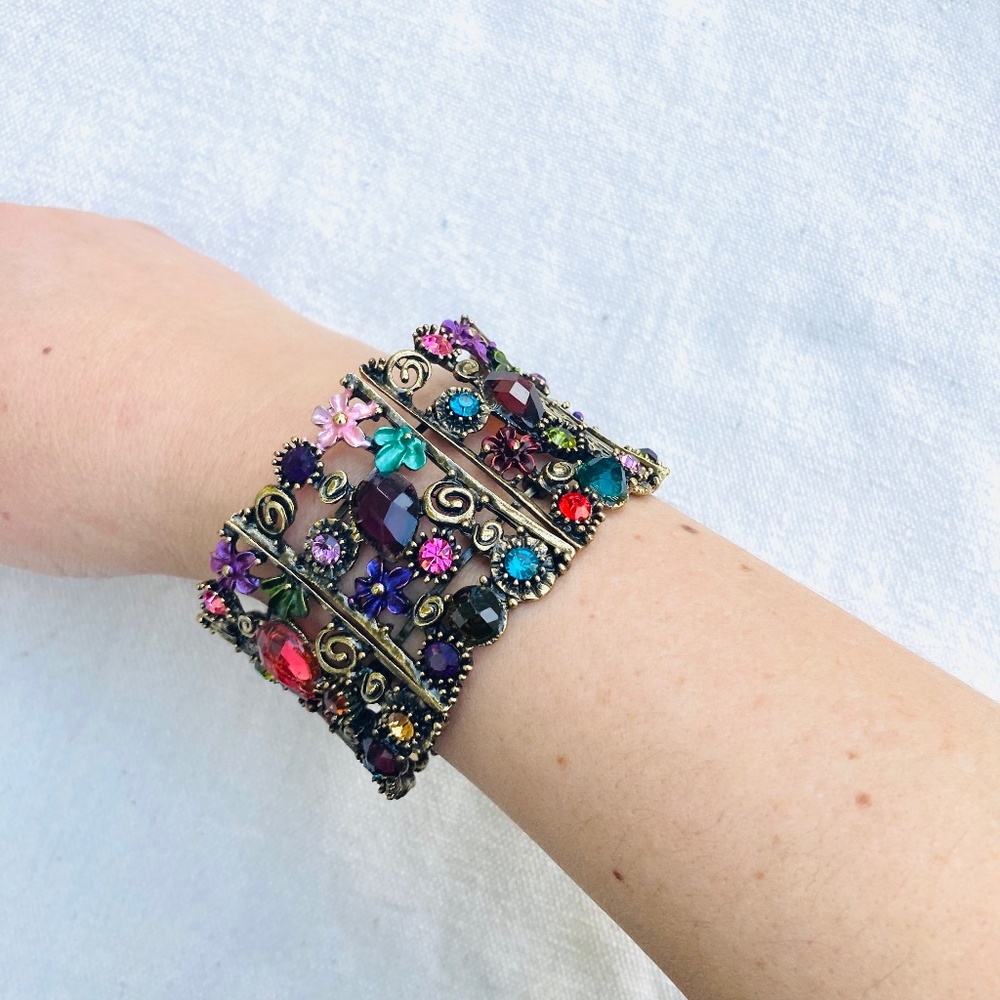 Vintage Enamel Flower and Juicy Rhinestone Adjustable Cuff Bracelet 1.75”  Bold